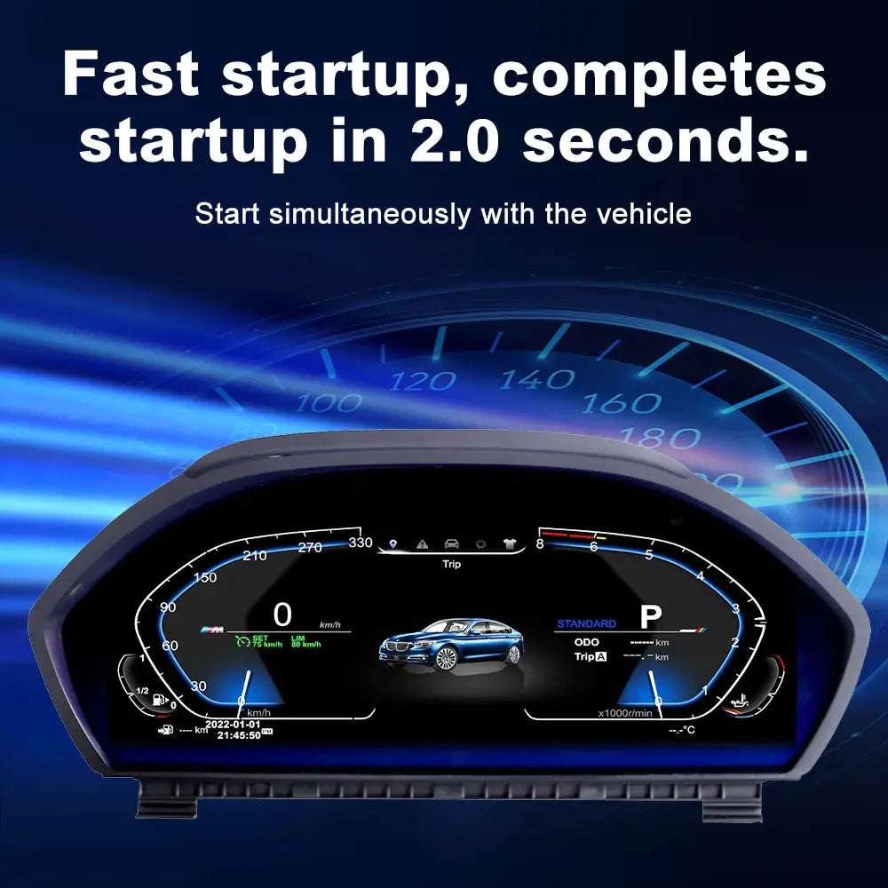 Joyeauto 12.3-inch Linux LCD digital instrument cluster for BMW 3 Series F30 F31 F34 and 4 Series F32 F33 F36, featuring ultra-fast 2-second startup, virtual cockpit display, wireless CarPlay, phone mirroring, and real-time vehicle information.