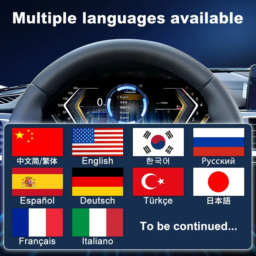Joyeauto 12.3-inch Linux LCD digital instrument cluster for BMW 3 Series F30 F31 F34 and 4 Series F32 F33 F36 with multi-language support, wireless CarPlay, phone mirroring, and customizable virtual cockpit display.