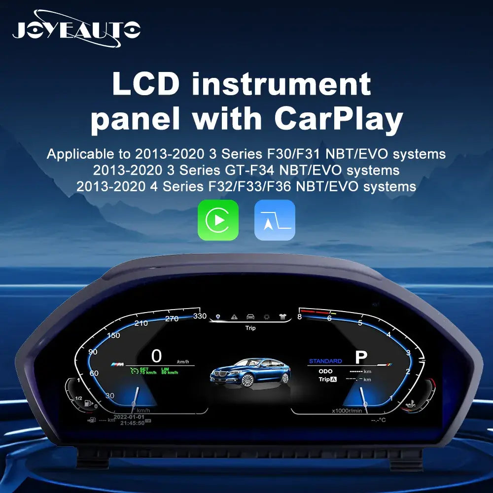 Joyeauto 12.3-inch Linux LCD digital instrument cluster for BMW 3 Series F30 F31 F34 and 4 Series F32 F33 F36, featuring wireless CarPlay, phone mirroring, virtual cockpit display, and modern digital dashboard upgrade.
