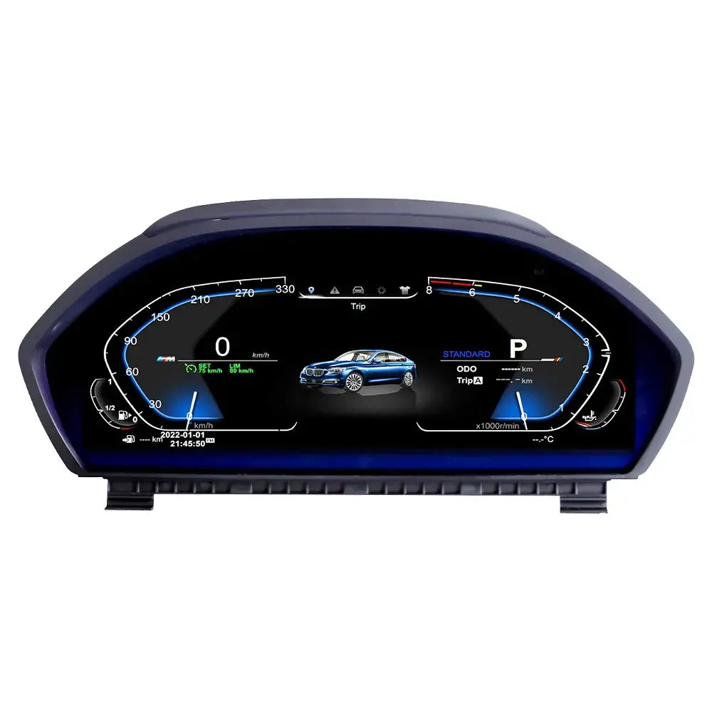 Joyeauto 12.3-inch Linux LCD digital instrument cluster front view for BMW 3 Series F30 F31 F34 and 4 Series F32 F33 F36, featuring a high-resolution virtual cockpit display, wireless CarPlay, phone mirroring, and modern digital dashboard design.