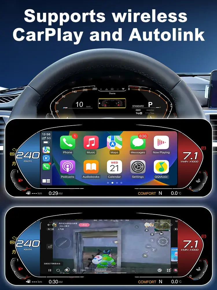 Joyeauto 12.3-inch Linux LCD digital instrument cluster for BMW 3 Series F30 F31 F34 and 4 Series F32 F33 F36 with wireless CarPlay and Autolink phone mirroring, featuring navigation, music streaming, video playback, and virtual cockpit functionality.
