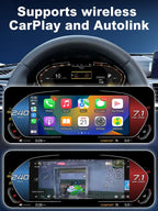Joyeauto 12.3-inch Linux LCD digital instrument cluster for BMW 3 Series F30 F31 F34 and 4 Series F32 F33 F36 with wireless CarPlay and Autolink phone mirroring, featuring navigation, music streaming, video playback, and virtual cockpit functionality.