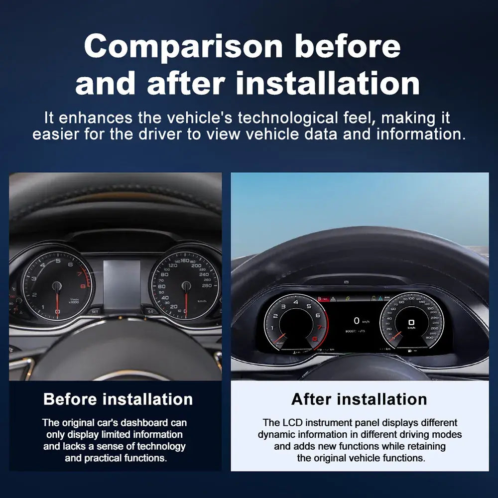 Before and after installation comparison of Joyeauto 12.3 inch Linux LCD Instrument Cluster for Audi A4 2013-2016 showing upgraded digital dashboard cockpit with Wireless CarPlay and AirPlay functionality