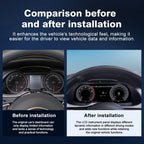 Before and after installation comparison of Joyeauto 12.3 inch Linux LCD Instrument Cluster for Audi A4 2013-2016 showing upgraded digital dashboard cockpit with Wireless CarPlay and AirPlay functionality