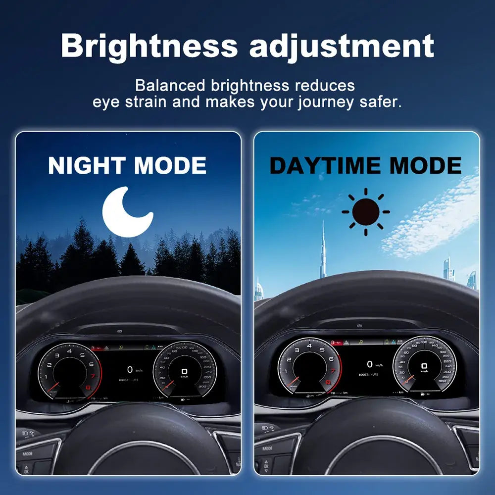 Joyeauto 12.3 inch Linux LCD Instrument Cluster for Audi A4 2013-2016 featuring automatic brightness adjustment with day mode and night mode display, Wireless CarPlay, AirPlay and digital dashboard cockpit retrofit