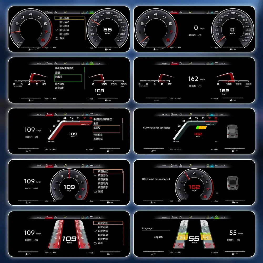 Multiple display modes of Joyeauto 12.3 inch Linux LCD Instrument Cluster for Audi A4 2013-2016 featuring virtual cockpit layouts, driving information displays, Wireless CarPlay and AirPlay integration