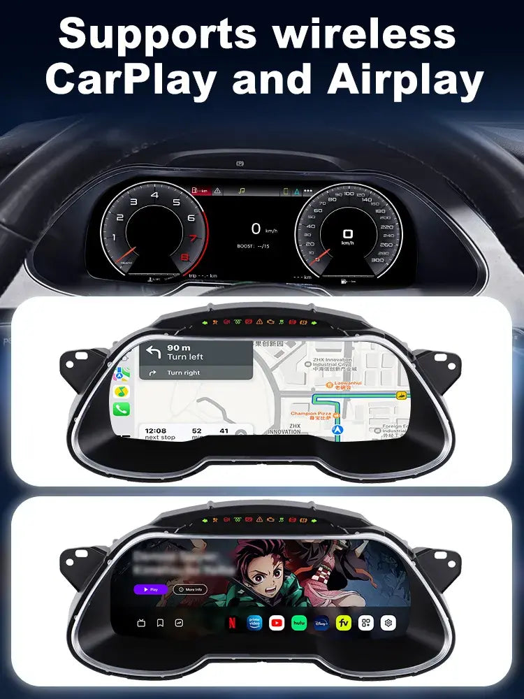 Joyeauto 12.3 inch Linux LCD Instrument Cluster for Audi A4 2013-2016 displaying Wireless CarPlay navigation, AirPlay media streaming and digital dashboard cockpit interface