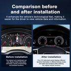 Before and after installation comparison of Joyeauto 12.3 inch LCD Digital Instrument Cluster for Audi A6 and A7 2013-2018 showing upgraded virtual cockpit display with Wireless CarPlay and AirPlay functionality