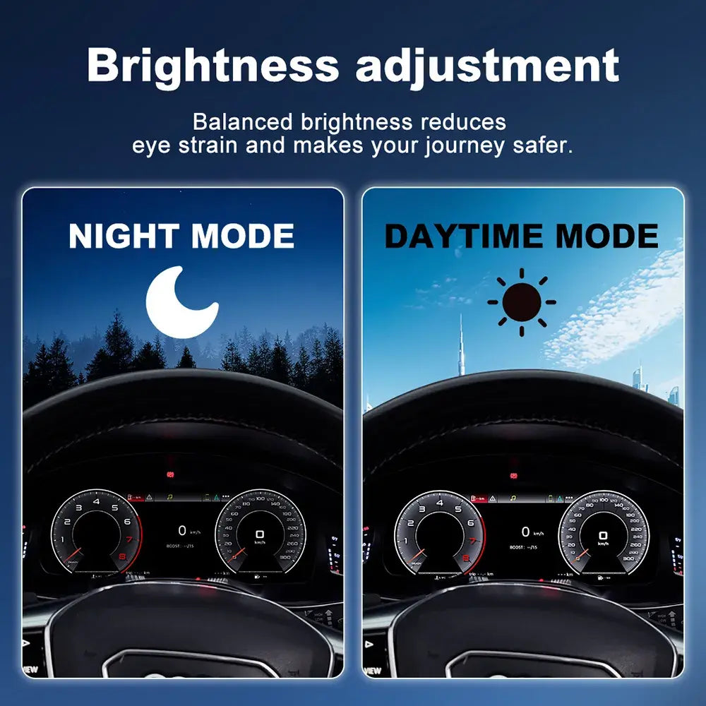 Joyeauto 12.3 inch LCD Digital Instrument Cluster for Audi A6 and A7 2013-2018 featuring automatic brightness adjustment with day mode and night mode display, Wireless CarPlay and AirPlay support