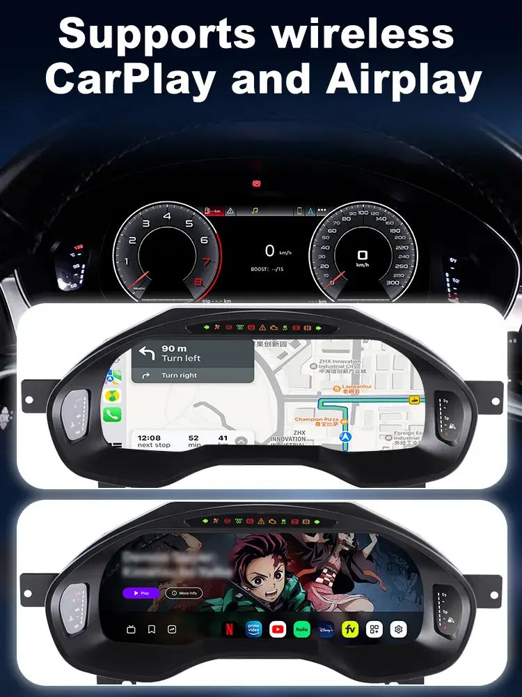 Joyeauto 12.3 inch LCD Digital Instrument Cluster for Audi A6 and A7 2013-2018 displaying Wireless CarPlay navigation, AirPlay media streaming and virtual cockpit interface