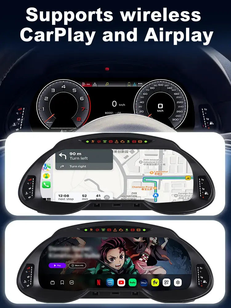Joyeauto 12.3 inch Android LCD Digital Instrument Cluster for Audi Q5 2009-2018 displaying Wireless CarPlay navigation, Android Auto apps and virtual cockpit interface