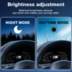 Joyeauto 10.25-inch Linux LCD Digital Instrument Cluster for BMW 5 Series E39 and BMW X5 E53 (1999-2006) demonstrating automatic brightness adjustment with daytime and nighttime display modes, enhancing visibility and driving comfort while supporting multiple driving modes and Linux virtual cockpit retrofit functionality.