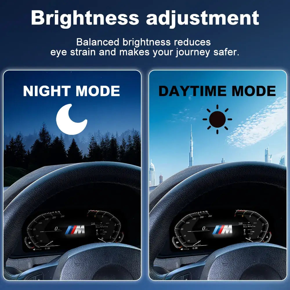 Joyeauto 10.25-inch Linux LCD Digital Instrument Cluster for BMW 5 Series E39 and BMW X5 E53 (1999-2006) demonstrating automatic brightness adjustment with daytime and nighttime display modes, enhancing visibility and driving comfort while supporting multiple driving modes and Linux virtual cockpit retrofit functionality.