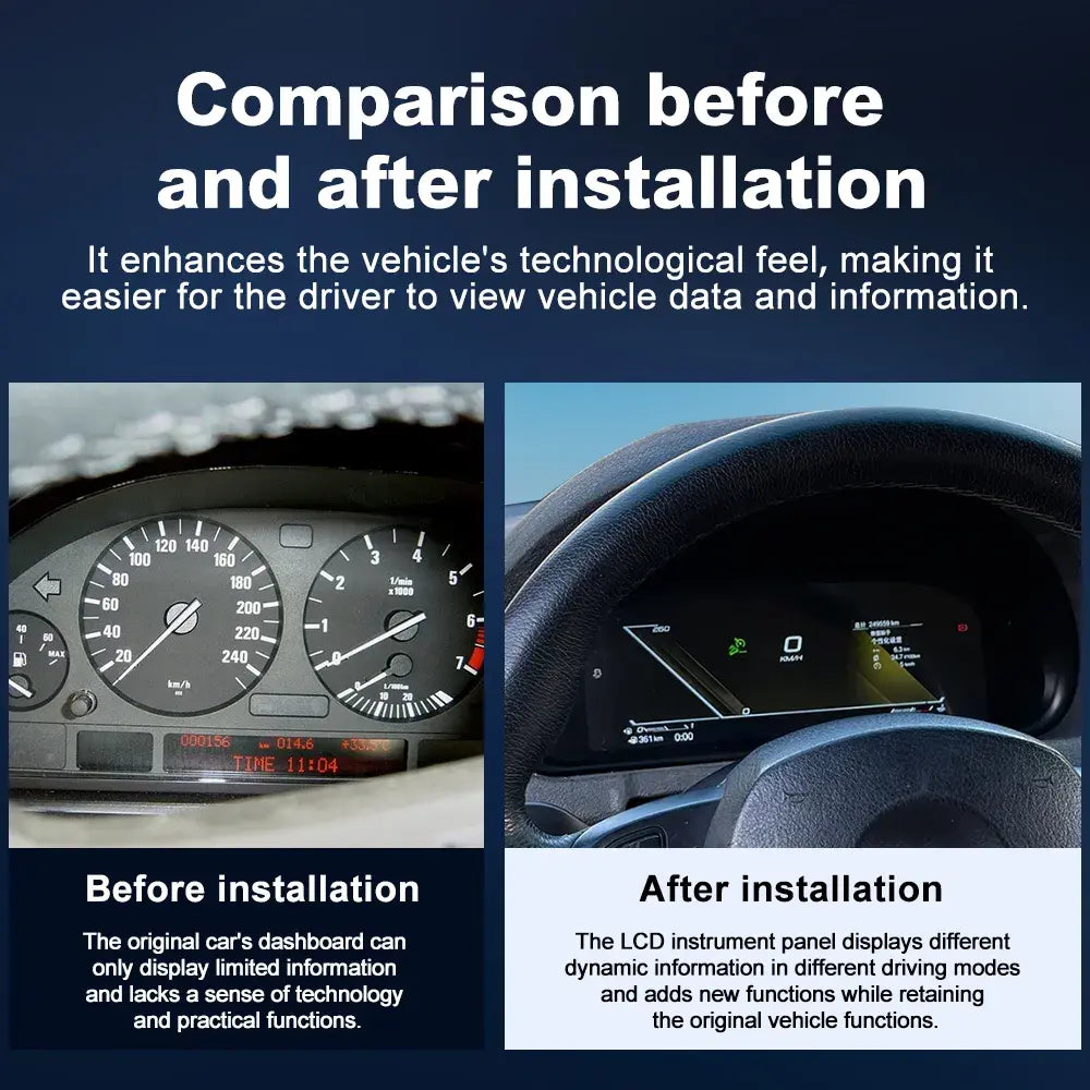 Before and after installation comparison of the Joyeauto 10.25-inch Linux LCD Digital Instrument Cluster for BMW 5 Series E39 and BMW X5 E53 (1999-2006), showing the upgrade from the factory analog instrument cluster to a modern digital virtual cockpit with multiple driving modes, customizable display layouts and enhanced vehicle information visualization.
