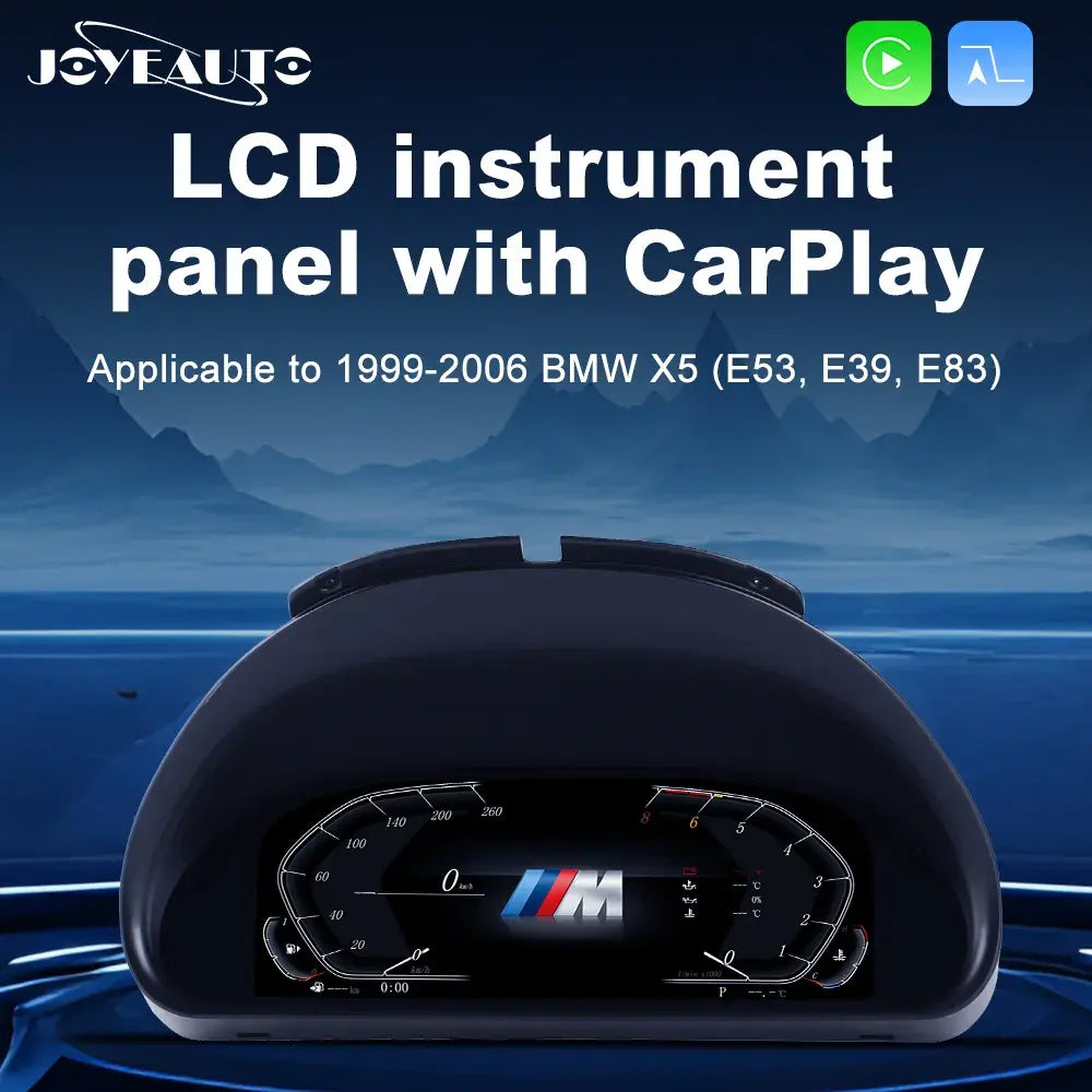 Joyeauto 10.25-inch Linux LCD Digital Instrument Cluster for BMW 5 Series E39 and BMW X5 E53 (1999-2006), featuring a modern virtual cockpit display, multiple driving modes, OEM-style retrofit design and Linux-based digital dashboard upgrade.