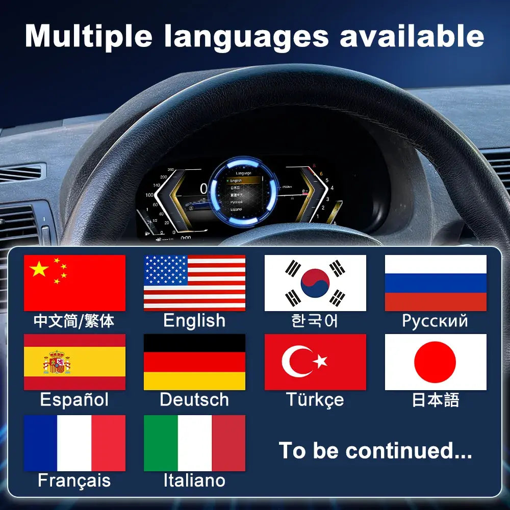 Joyeauto 10.25-inch Linux LCD Digital Instrument Cluster for BMW 5 Series E39 and BMW X5 E53 (1999-2006) featuring multi-language support including English, German, French, Italian, Spanish, Japanese, Korean, Russian and Chinese, with multiple driving modes and Linux virtual cockpit retrofit.