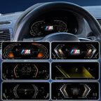 Joyeauto 10.25-inch Linux LCD Digital Instrument Cluster for BMW 5 Series E39 and BMW X5 E53 (1999-2006) showcasing multiple driving modes and customizable UI themes, including sport, classic and modern digital cockpit layouts, with Linux virtual dashboard retrofit and OEM-style integration.