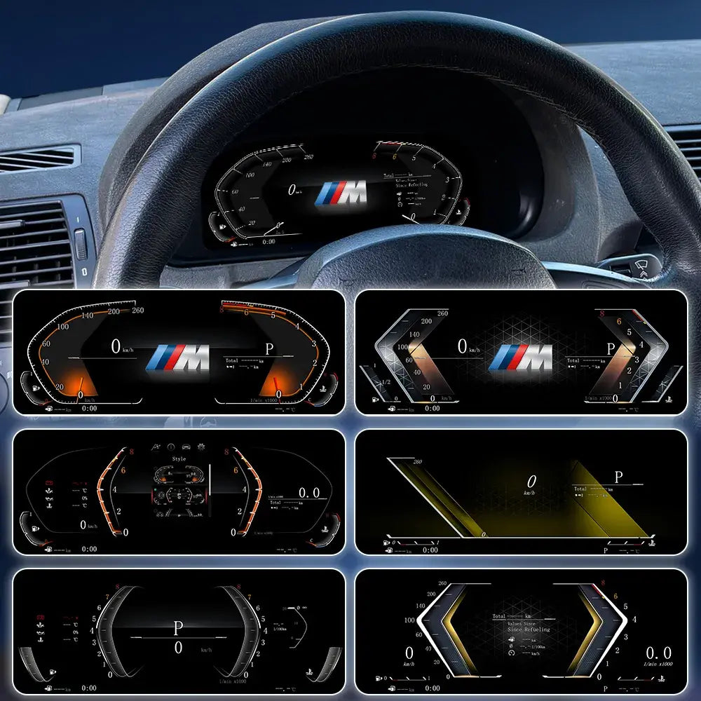 Joyeauto 10.25-inch Linux LCD Digital Instrument Cluster for BMW 5 Series E39 and BMW X5 E53 (1999-2006) showcasing multiple driving modes and customizable UI themes, including sport, classic and modern digital cockpit layouts, with Linux virtual dashboard retrofit and OEM-style integration.