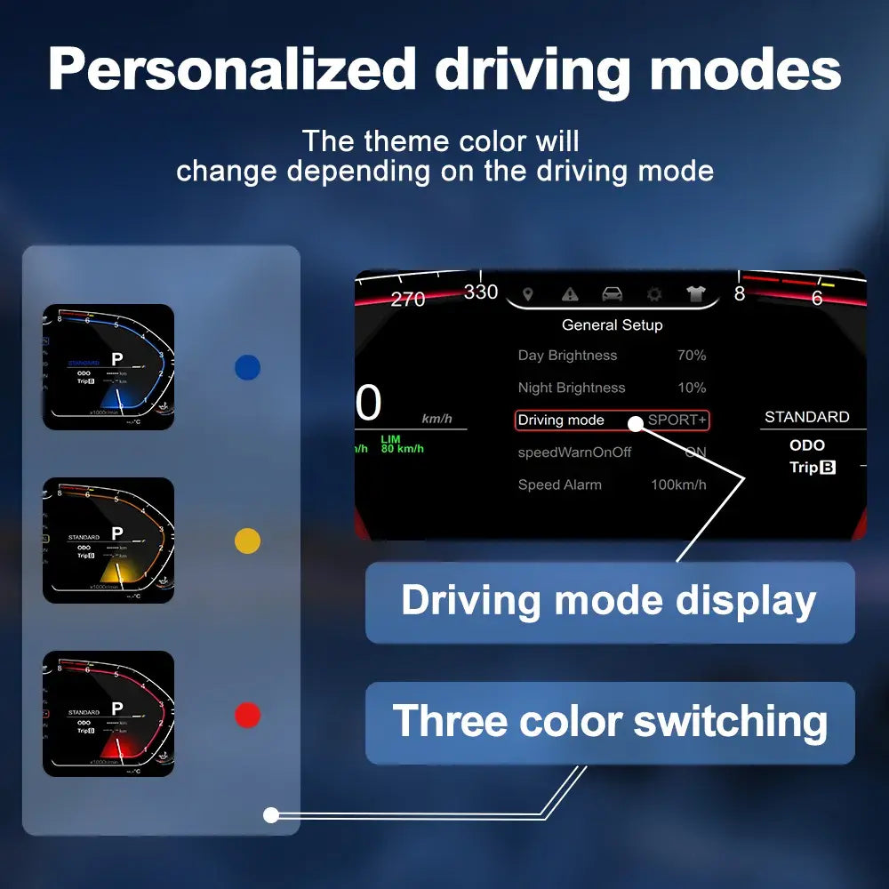 Joyeauto 10.25-inch Linux LCD Digital Instrument Cluster for BMW 5 Series E39 and BMW X5 E53 (1999-2006) featuring personalized driving modes with dynamic theme color switching, allowing drivers to choose between multiple dashboard styles and display colors on the Linux virtual cockpit retrofit system.