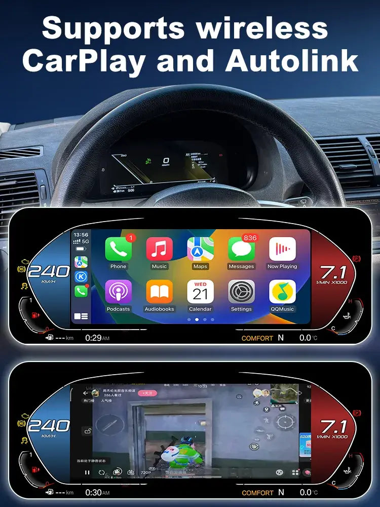 Joyeauto 10.25-inch Linux LCD Digital Instrument Cluster for BMW 5 Series E39 and BMW X5 E53 (1999-2006) demonstrating Wireless CarPlay and Autolink functionality, featuring Apple CarPlay apps, navigation, multimedia streaming and screen mirroring on a modern Linux virtual cockpit retrofit display.