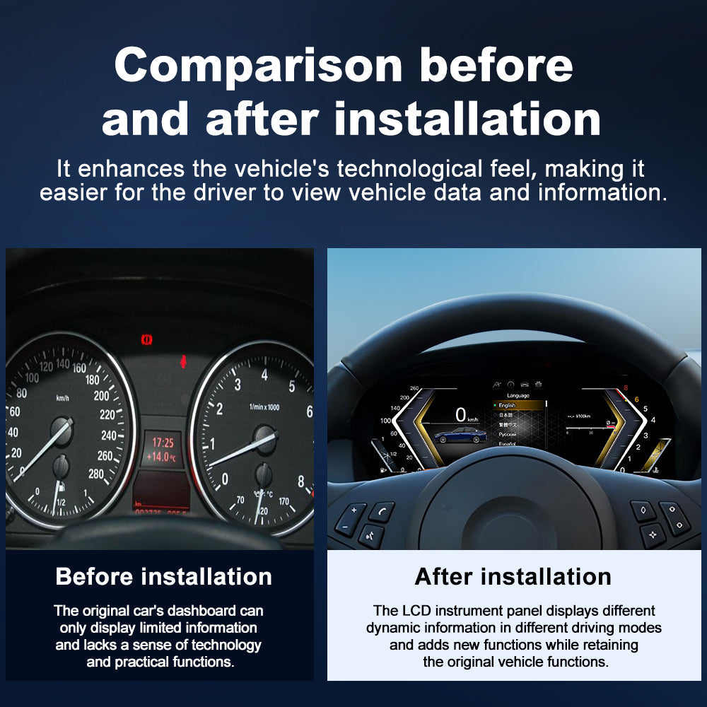 Before and after installation comparison of Joyeauto Wireless CarPlay LCD Instrument Cluster for BMW 5 Series E60 E61 and X5 E70 2003-2013 showing upgraded Linux system digital dashboard with virtual cockpit functionality
