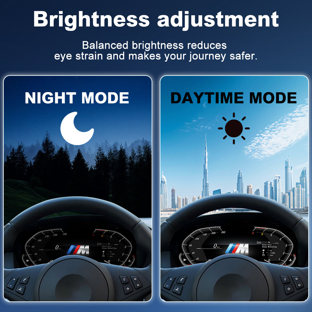 Joyeauto Wireless CarPlay LCD Instrument Cluster for BMW 5 Series E60 E61 and X5 E70 2003-2013 featuring automatic brightness adjustment with day mode and night mode display, Linux system digital dashboard and virtual cockpit functionality