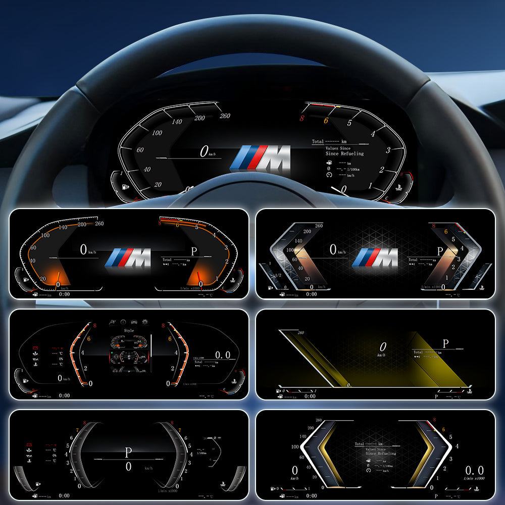 Joyeauto Wireless CarPlay LCD Instrument Cluster for BMW 5 Series E60 E61 and X5 E70 2003-2013 featuring multiple customizable UI themes, Linux system digital dashboard and virtual cockpit display