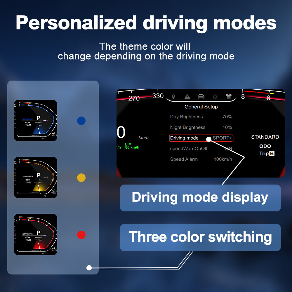 Joyeauto Wireless CarPlay LCD Instrument Cluster for BMW 5 Series E60 E61 and X5 E70 2003-2013 featuring driving mode display, three color theme switching, Linux system digital dashboard and virtual cockpit functionality