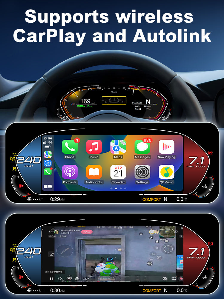Joyeauto Wireless CarPlay LCD Instrument Cluster for BMW 5 Series E60 E61 and X5 E70 2003-2013 displaying Wireless CarPlay, Autolink screen mirroring, multimedia apps and Linux system digital dashboard
