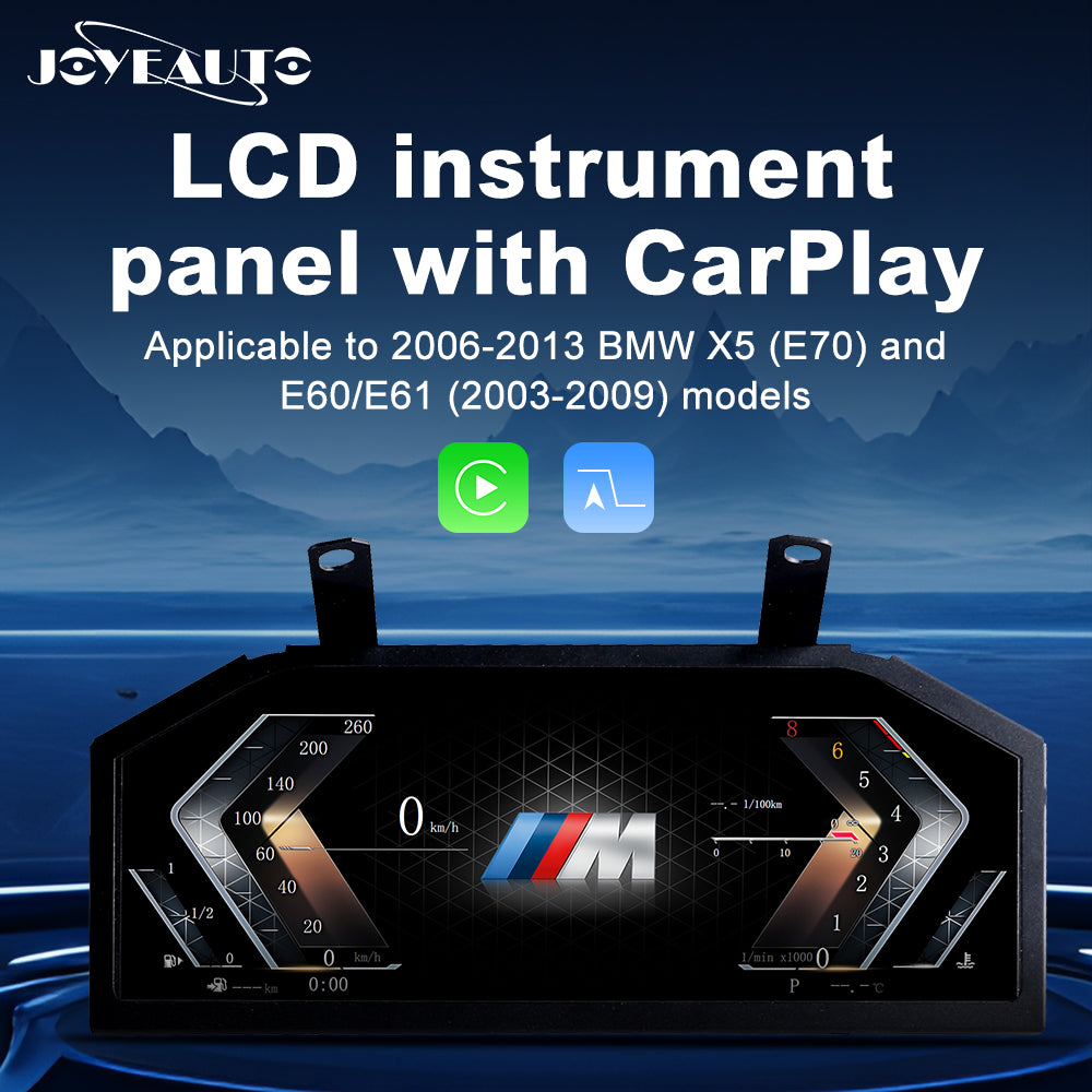 Joyeauto Wireless CarPlay LCD Instrument Cluster for BMW 5 Series E60 E61 and X5 E70 2003-2013 featuring Linux system digital dashboard and virtual cockpit display