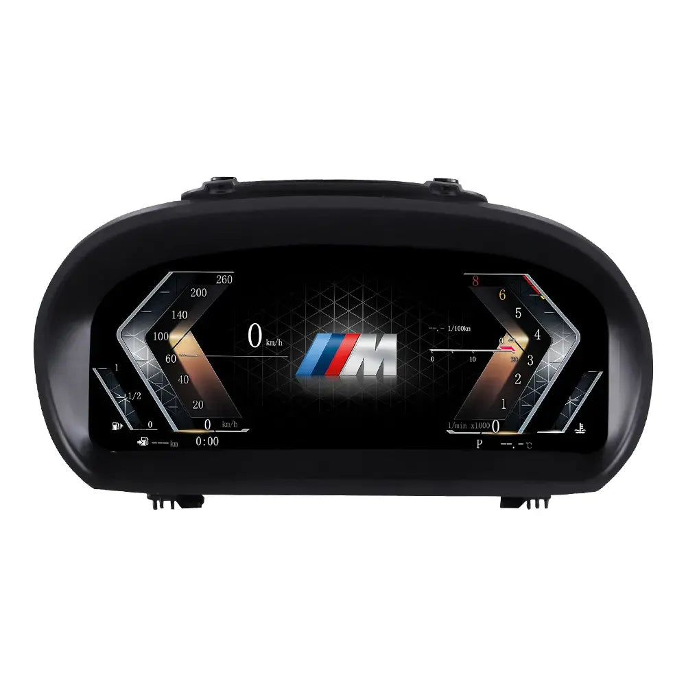 Joyeauto 10-inch Linux LCD Digital Instrument Cluster for BMW 1 Series E87 (2004-2011) with CCC and CIC systems, standalone product image featuring a modern digital dashboard, customizable gauges, real-time vehicle information display, Wireless CarPlay, phone mirroring and OEM-style Linux virtual cockpit retrofit design.
