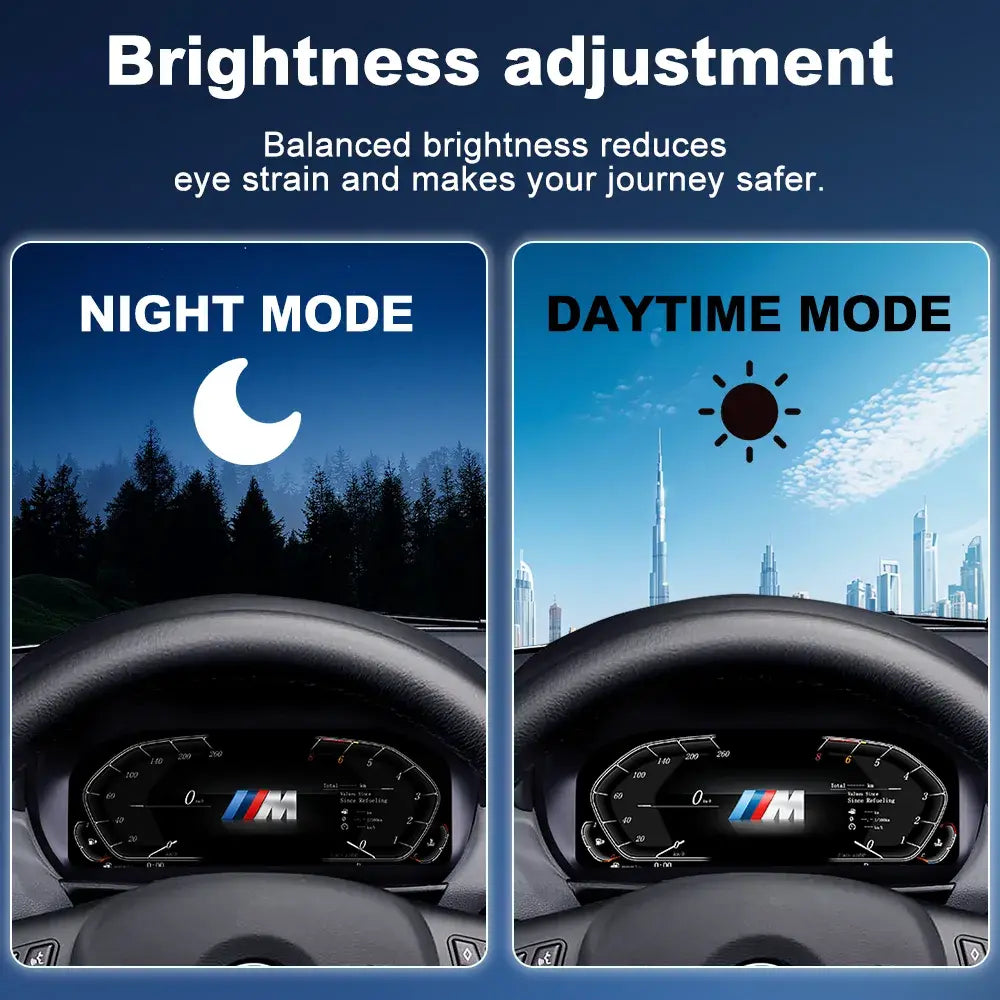 Joyeauto 10-inch Linux LCD Digital Instrument Cluster for BMW 1 Series E87 (2004-2011) with CCC and CIC systems, demonstrating automatic brightness adjustment with daytime and nighttime display modes, improving dashboard visibility, driving comfort and safety while supporting Wireless CarPlay, phone mirroring and Linux virtual cockpit retrofit functionality
