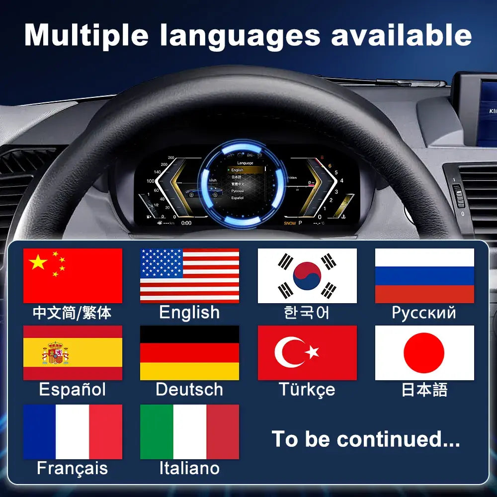 Joyeauto 10-inch Linux LCD Digital Instrument Cluster for BMW 1 Series E87 (2004-2011) with CCC and CIC systems, featuring multi-language support including English, German, French, Italian, Spanish, Japanese, Korean, Russian and Chinese, along with Wireless CarPlay, phone mirroring and Linux virtual cockpit retrofit functionality.