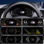 Joyeauto 10-inch Linux LCD Digital Instrument Cluster for BMW 1 Series E87 (2004-2011) with CCC and CIC systems, showcasing multiple driving modes and customizable UI themes, including sport, classic and modern digital dashboard layouts, with Wireless CarPlay, phone mirroring and Linux virtual cockpit retrofit integration.