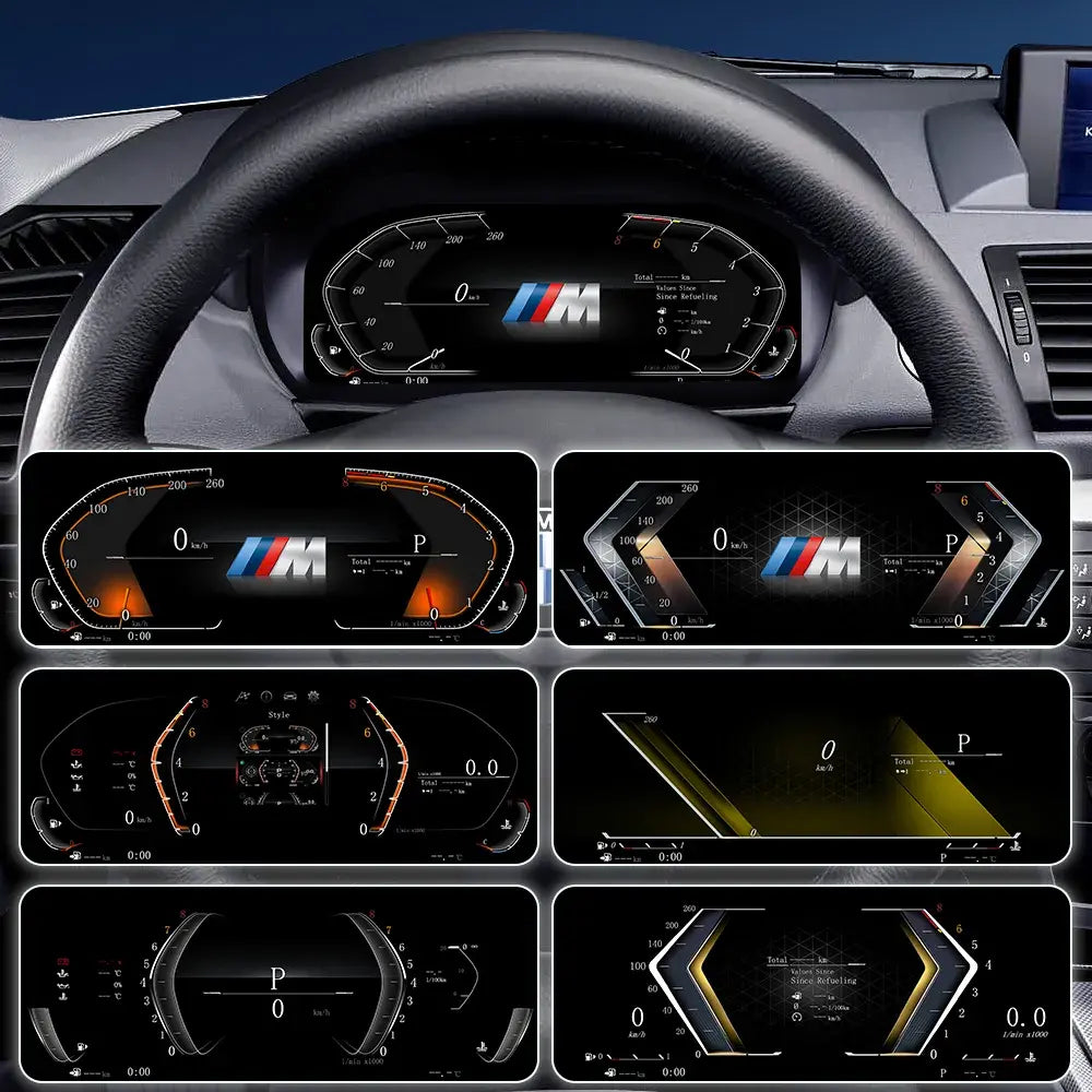 Joyeauto 10-inch Linux LCD Digital Instrument Cluster for BMW 1 Series E87 (2004-2011) with CCC and CIC systems, showcasing multiple driving modes and customizable UI themes, including sport, classic and modern digital dashboard layouts, with Wireless CarPlay, phone mirroring and Linux virtual cockpit retrofit integration.