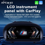 Joyeauto 10-inch Linux LCD Digital Instrument Cluster for BMW 1 Series E87 (2004-2011) with CCC and CIC systems, featuring Wireless CarPlay, phone mirroring, customizable digital dashboard layouts, real-time vehicle information display and OEM-style Linux virtual cockpit retrofit integration.