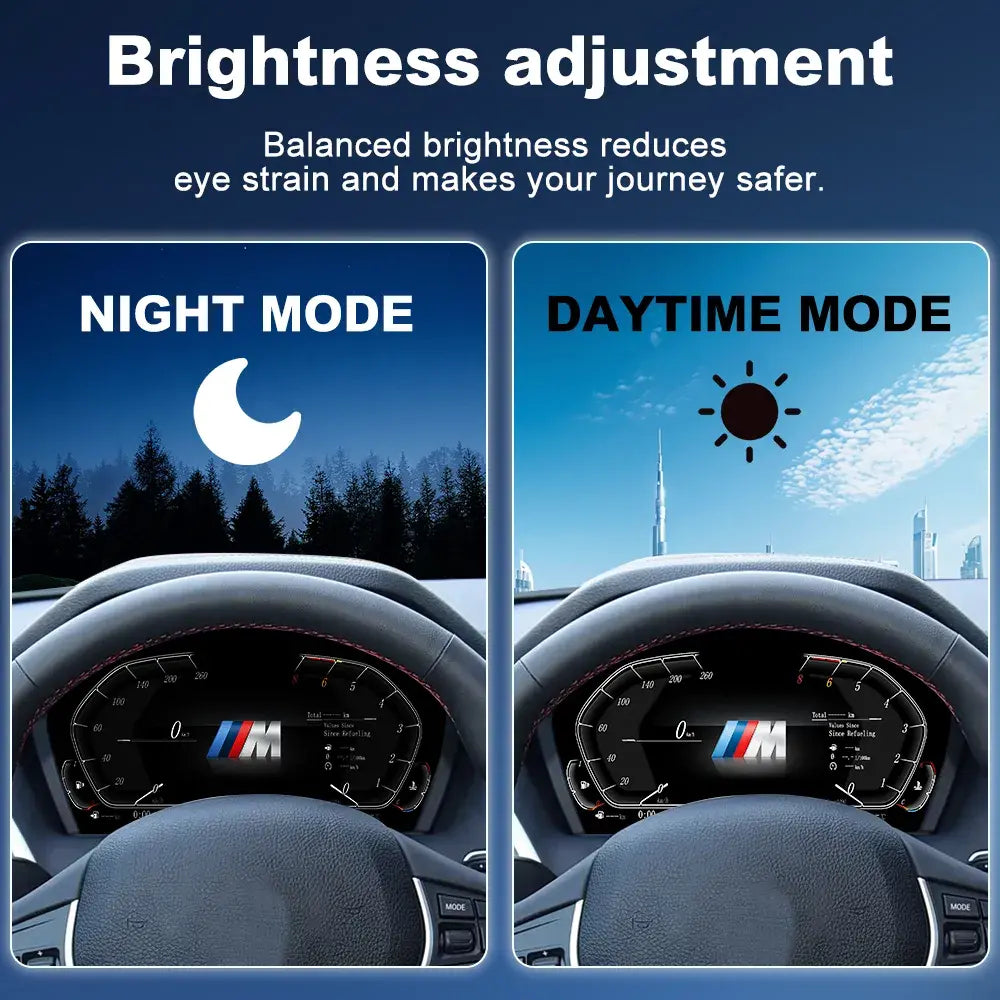 Joyeauto 10-inch Linux LCD Digital Instrument Cluster for BMW 1 Series F20/F52, BMW 2 Series F22/F45, BMW X1 F48 and BMW X2 F39 (2013-2022) demonstrating automatic brightness adjustment with daytime and nighttime display modes, enhancing dashboard visibility, driving comfort and safety while supporting Wireless CarPlay, phone mirroring and Linux virtual cockpit retrofit functionality.