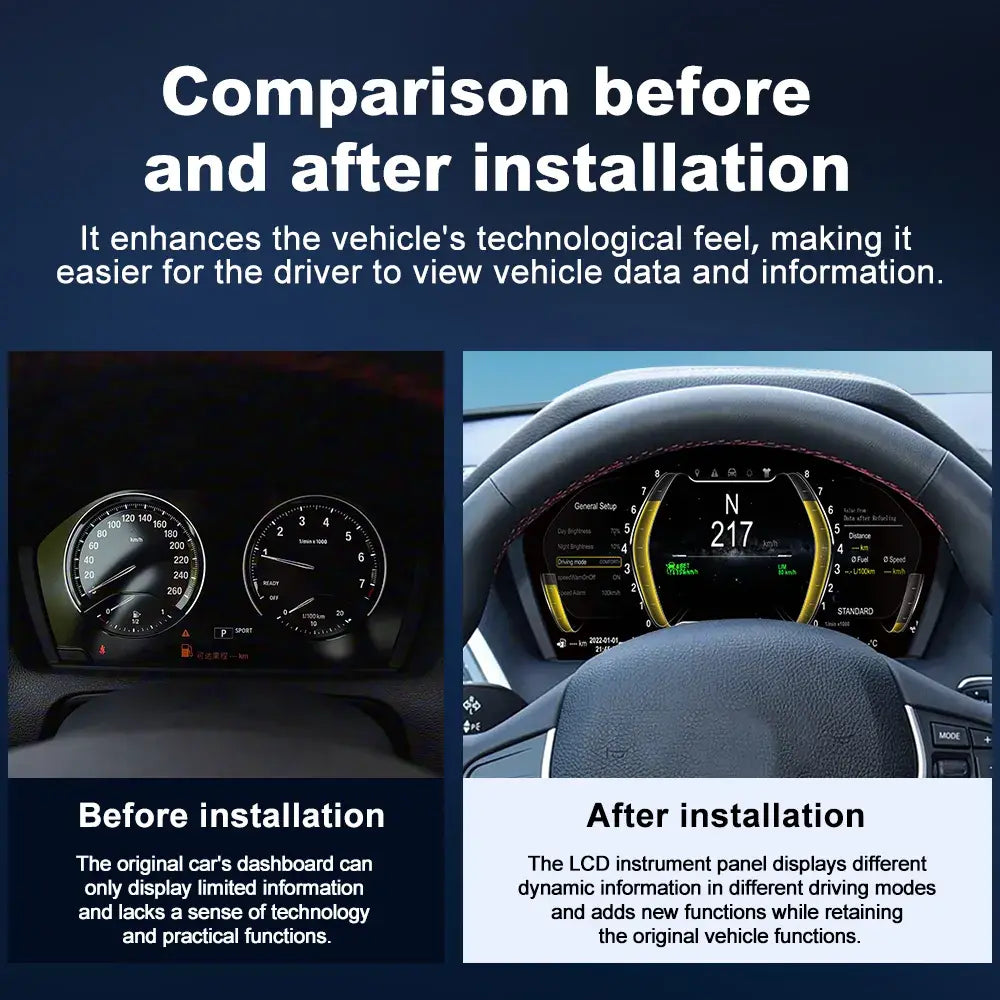 Before and after installation comparison of the Joyeauto 10-inch Linux LCD Digital Instrument Cluster for BMW 1 Series F20/F52, BMW 2 Series F22/F45, BMW X1 F48 and BMW X2 F39 (2013-2022), showcasing the upgrade from the factory analog instrument cluster to a modern digital virtual cockpit with enhanced vehicle information display, customizable driving modes, Wireless CarPlay, phone mirroring and Linux retrofit integration.