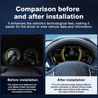 Before and after installation comparison of the Joyeauto 10-inch Linux LCD Digital Instrument Cluster for BMW 1 Series F20/F52, BMW 2 Series F22/F45, BMW X1 F48 and BMW X2 F39 (2013-2022), showcasing the upgrade from the factory analog instrument cluster to a modern digital virtual cockpit with enhanced vehicle information display, customizable driving modes, Wireless CarPlay, phone mirroring and Linux retrofit integration.