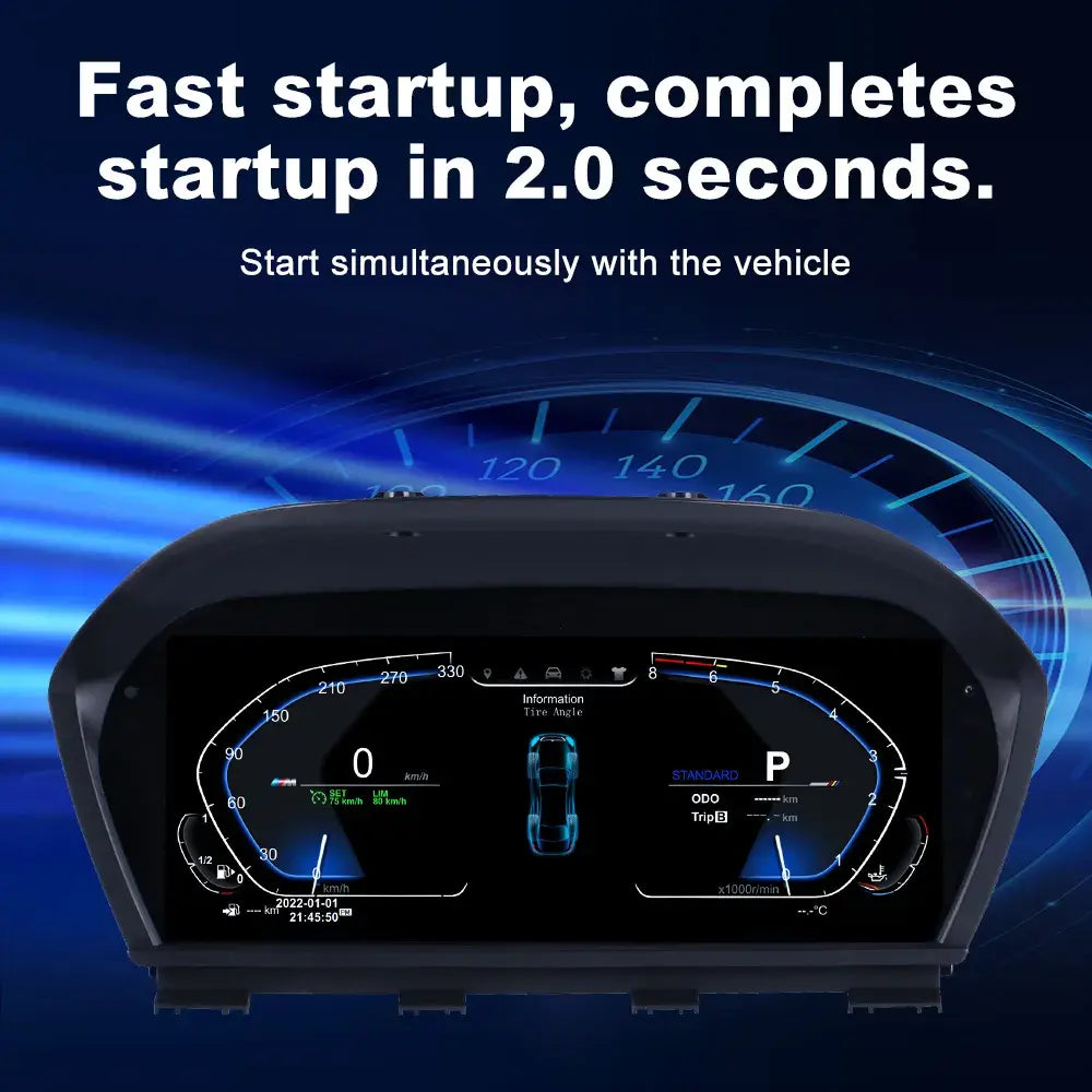 Joyeauto 10-inch Linux LCD Digital Instrument Cluster for BMW 1 Series F20/F52, BMW 2 Series F22/F45, BMW X1 F48 and BMW X2 F39 (2013-2022) featuring ultra-fast 2-second startup, real-time vehicle data display, customizable digital gauges, Wireless CarPlay, phone mirroring and Linux virtual cockpit retrofit functionality.