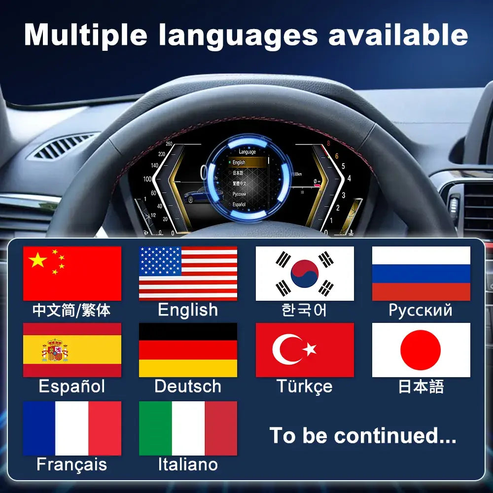 Joyeauto 10-inch Linux LCD Digital Instrument Cluster for BMW 1 Series F20/F52, BMW 2 Series F22/F45, BMW X1 F48 and BMW X2 F39 (2013-2022) featuring multi-language support including English, German, French, Italian, Spanish, Japanese, Korean, Russian and Chinese, with Wireless CarPlay, phone mirroring and Linux virtual cockpit retrofit functionality.
