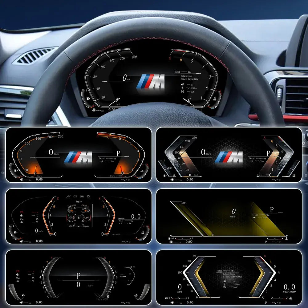 Joyeauto 10-inch Linux LCD Digital Instrument Cluster for BMW 1 Series F20/F52, BMW 2 Series F22/F45, BMW X1 F48 and BMW X2 F39 (2013-2022) showcasing multiple driving modes and customizable UI themes, including sport, classic and modern digital dashboard layouts, with Wireless CarPlay, phone mirroring and Linux virtual cockpit retrofit integration.