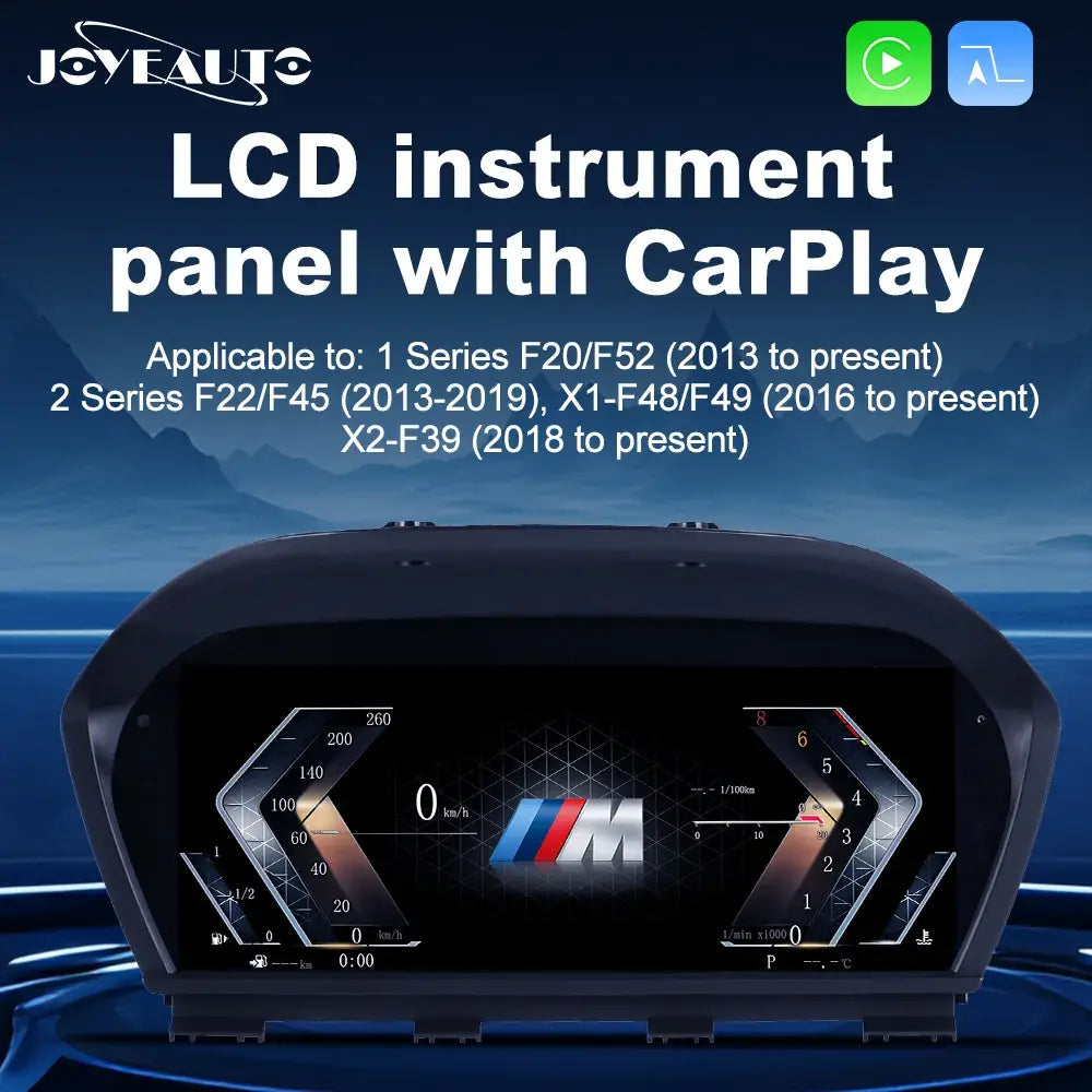 Joyeauto 10-inch Linux LCD Digital Instrument Cluster for BMW 1 Series F20/F52, BMW 2 Series F22/F45, BMW X1 F48 and BMW X2 F39 (2013-2022), featuring Wireless CarPlay, phone mirroring, customizable digital dashboard layouts, real-time vehicle information display and OEM-style Linux virtual cockpit retrofit