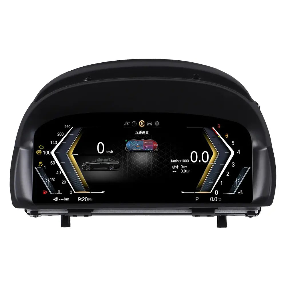 Joyeauto 10-inch Linux LCD Digital Instrument Cluster for BMW X1 E84 (2006-2013), standalone product image featuring a modern digital dashboard with customizable gauges, real-time vehicle information display, Wireless CarPlay, phone mirroring and OEM-style Linux virtual cockpit retrofit design.