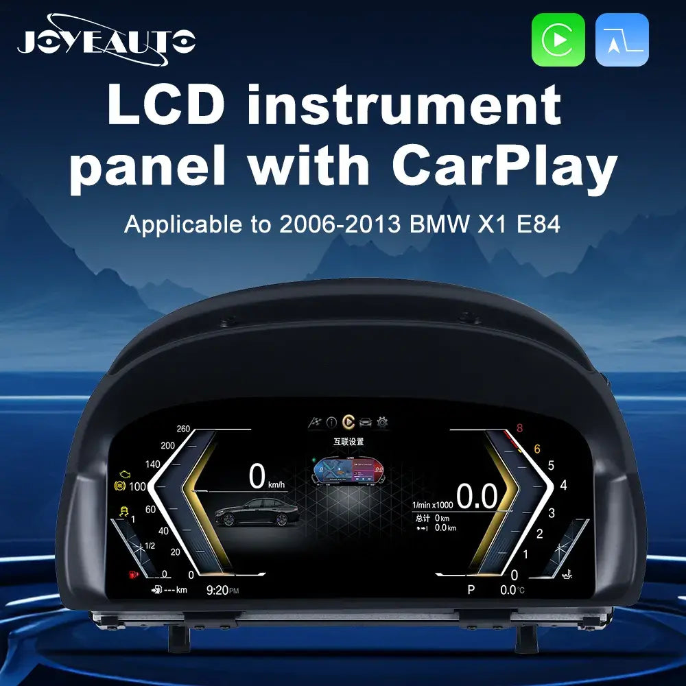 Joyeauto 10-inch Linux LCD Digital Instrument Cluster for BMW X1 E84 (2006-2013), featuring a modern virtual cockpit display with Wireless CarPlay, phone mirroring, customizable dashboard layouts and OEM-style Linux retrofit integration.