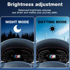 Joyeauto 10-inch Linux LCD Digital Instrument Cluster for BMW X1 E84 (2006-2013) demonstrating automatic brightness adjustment with daytime and nighttime display modes, improving dashboard visibility and driving comfort while supporting Wireless CarPlay, phone mirroring and Linux virtual cockpit retrofit functionality.