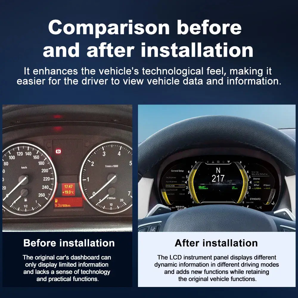 Before and after installation comparison of the Joyeauto 10-inch Linux LCD Digital Instrument Cluster for BMW X1 E84 (2006-2013), showing the upgrade from the original analog instrument cluster to a modern digital virtual cockpit with enhanced vehicle information display, customizable driving modes, Wireless CarPlay, phone mirroring and Linux retrofit integration.