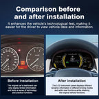 Before and after installation comparison of the Joyeauto 10-inch Linux LCD Digital Instrument Cluster for BMW X1 E84 (2006-2013), showing the upgrade from the original analog instrument cluster to a modern digital virtual cockpit with enhanced vehicle information display, customizable driving modes, Wireless CarPlay, phone mirroring and Linux retrofit integration.