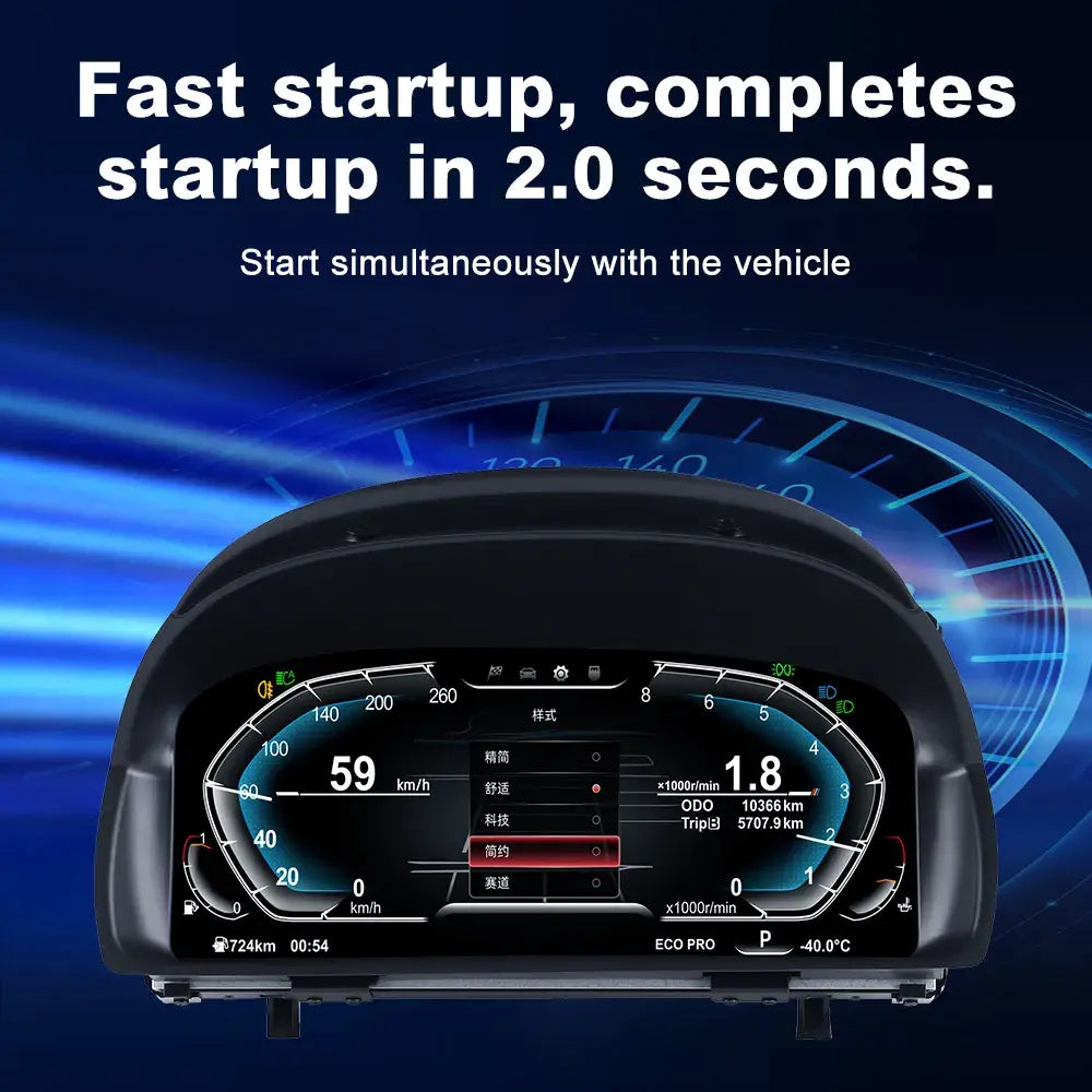 Joyeauto 10-inch Linux LCD Digital Instrument Cluster for BMW X1 E84 (2006-2013) featuring ultra-fast 2-second startup, real-time vehicle information display, customizable digital gauges, Wireless CarPlay, phone mirroring and Linux virtual cockpit retrofit functionality.