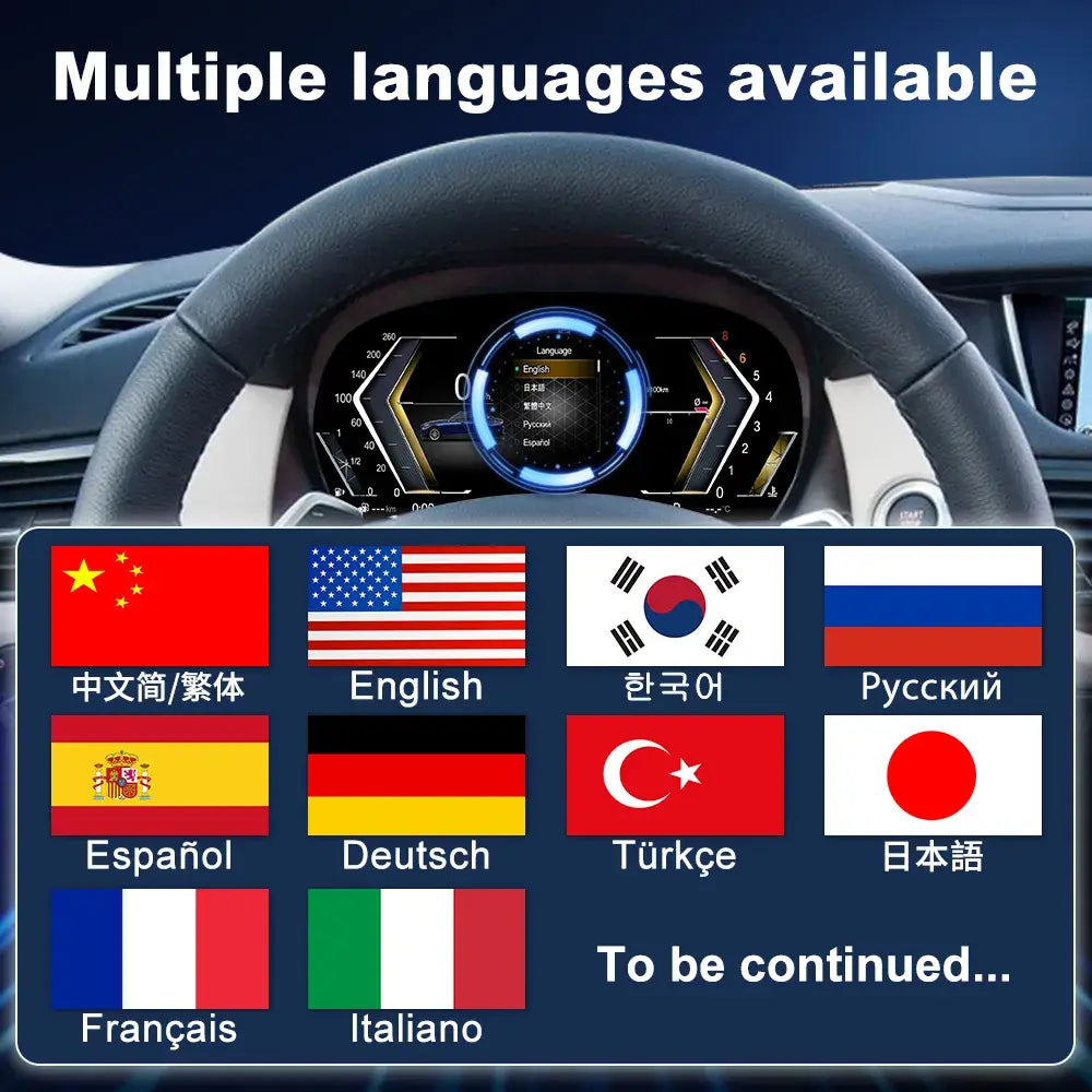 Joyeauto 10-inch Linux LCD Digital Instrument Cluster for BMW X1 E84 (2006-2013) featuring multi-language support including English, German, French, Italian, Spanish, Japanese, Korean, Russian and Chinese, with Wireless CarPlay, phone mirroring and Linux virtual cockpit retrofit functionality.